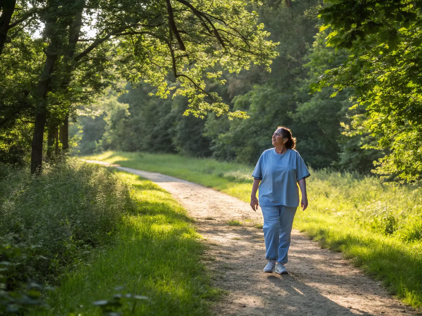 A photo of a patient walking outdoors in a lush natural setting post-surgery, with a focus on mobility and recovery.