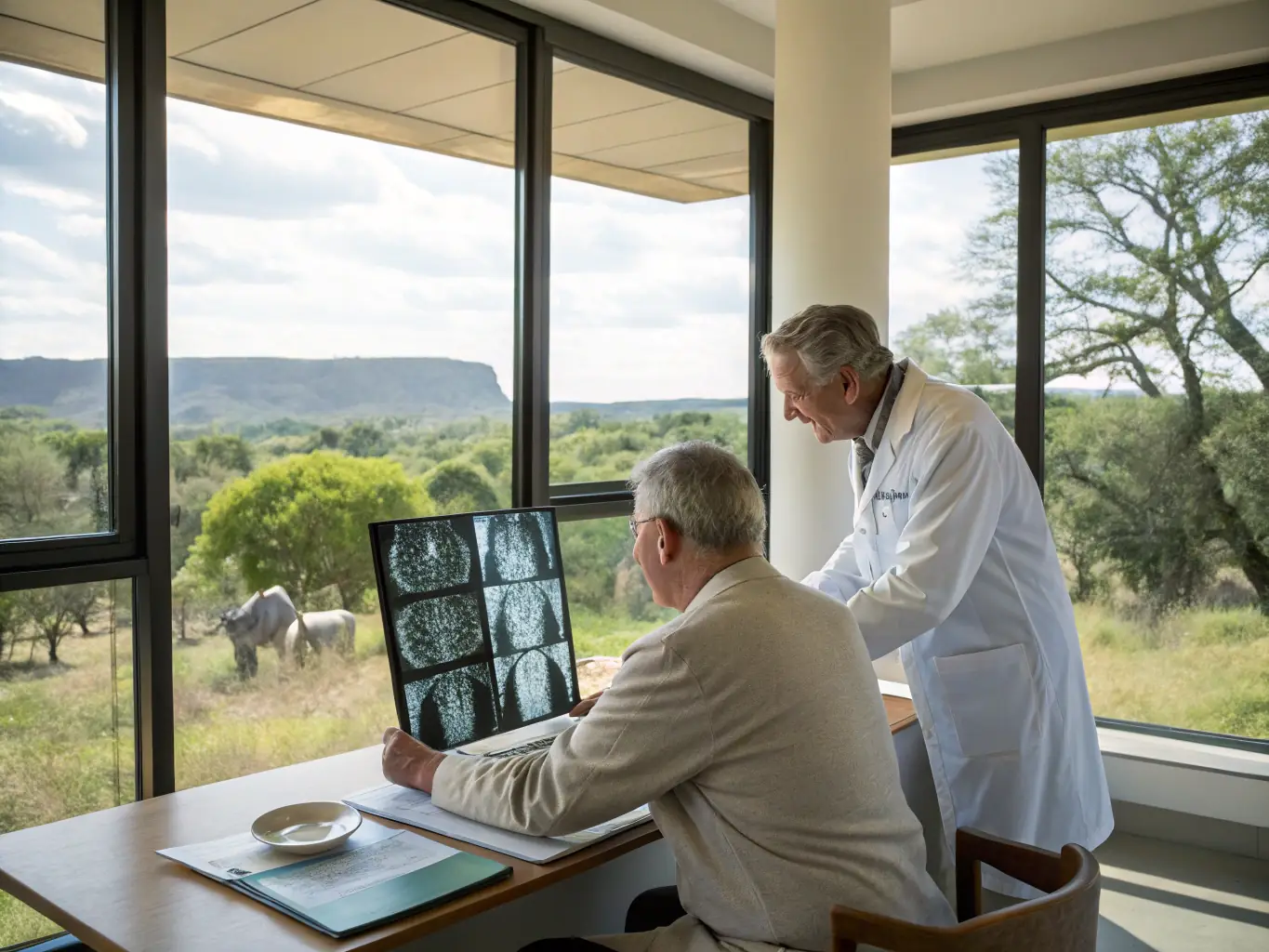 An orthopedic surgeon consulting with a patient, reviewing X-rays and discussing the benefits of hip replacement surgery, with a safari landscape visible through the window.