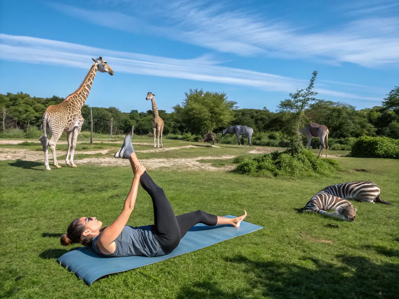 A serene image of a patient doing physical therapy exercises outdoors, with safari animals visible in the background.