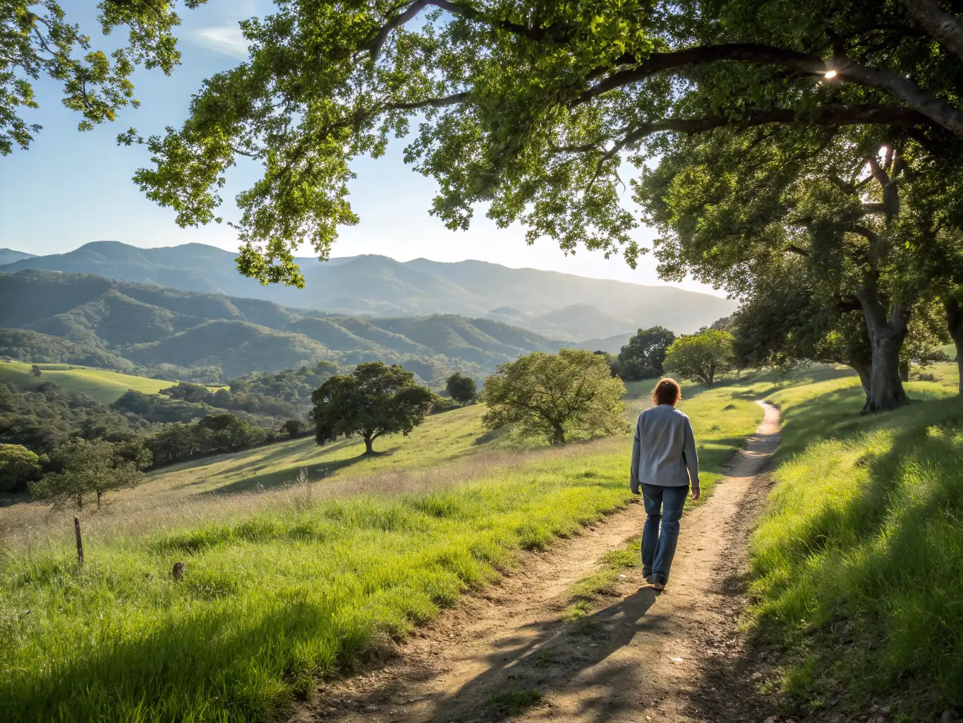 A patient walking outdoors in a lush natural setting post-surgery, with a focus on mobility and recovery, showcasing the scenic rehabilitation offered by Hip & Knee Safaris.