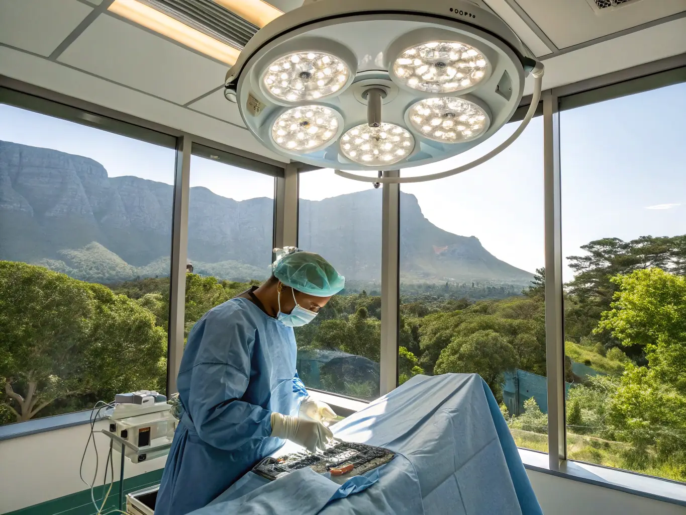 An image of an orthopedic surgeon performing hip surgery in a modern operating room with views of the South African landscape.