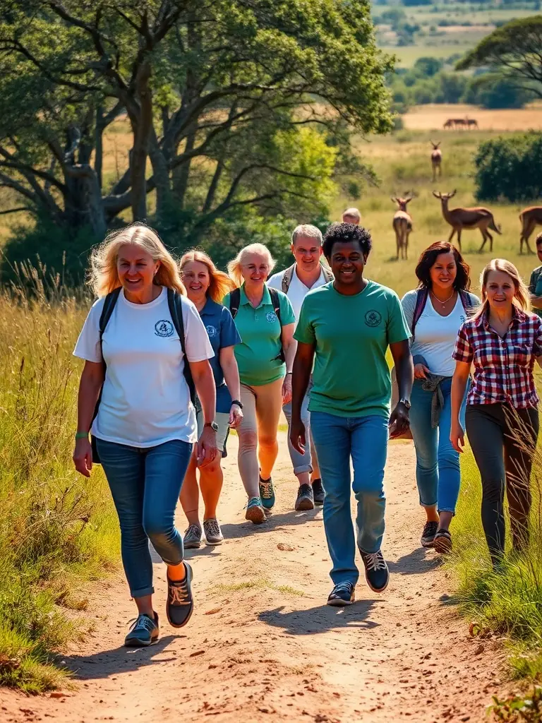 A group of patients participating in a guided nature walk during their rehabilitation, showcasing the social and mental benefits of the safari experience.
