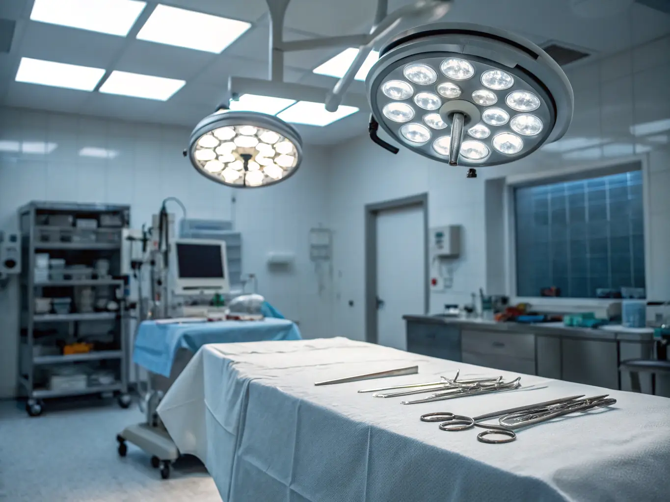 A modern operating room with state-of-the-art equipment, showcasing the advanced surgical techniques used at Hip & Knee Safaris, with a subtle view of the African landscape in the background.