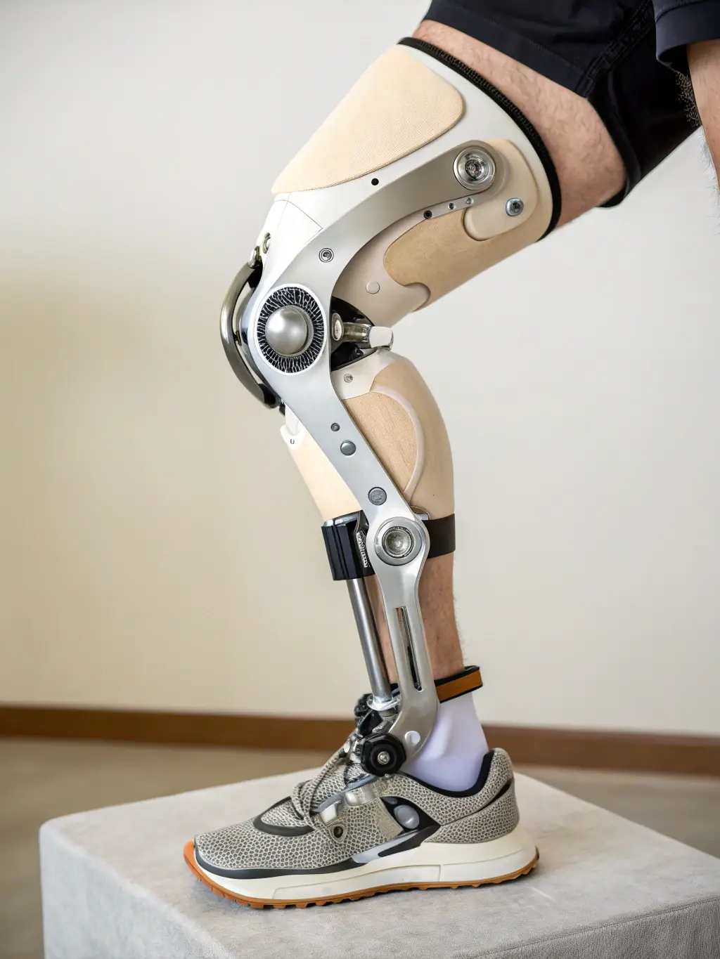 A detailed illustration of a knee joint being replaced with a prosthetic, highlighting the components and surgical process involved in knee replacement surgery.